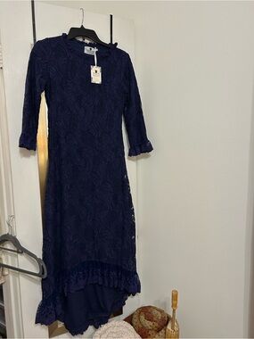 Dainty Jewells - Navy Blue Lace Midi High-Low Dress, Fully Lines